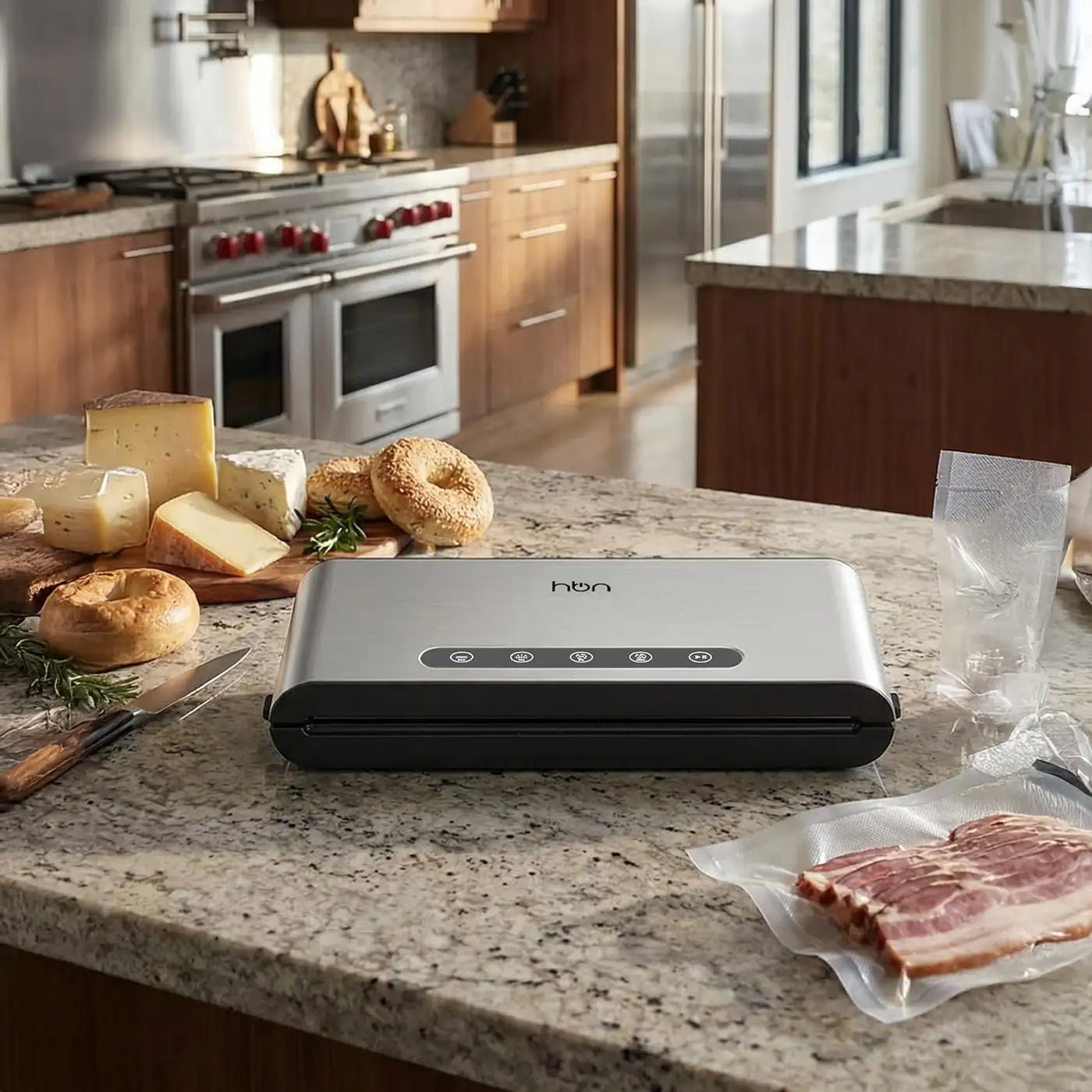 hands free vacuum sealer in kitchen sealing food on countertop
