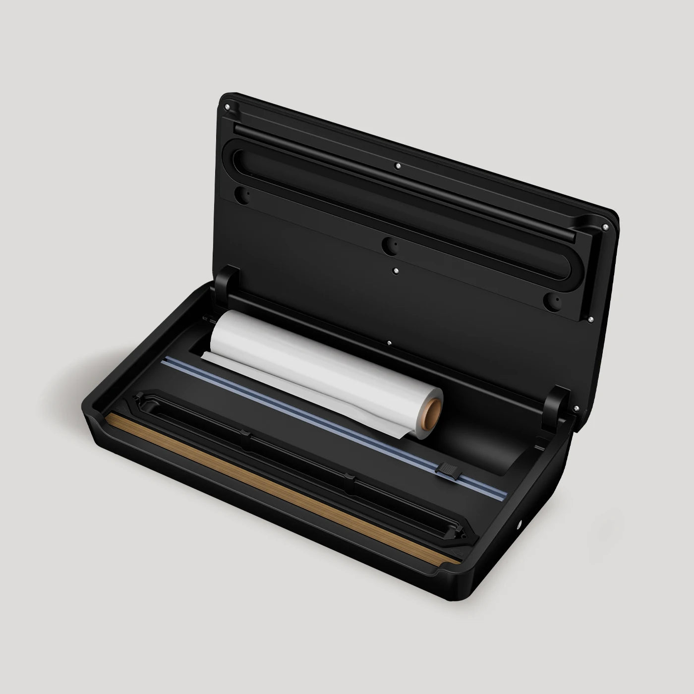 vacuum sealer machine open lid showing sealing area and vacuum chamber