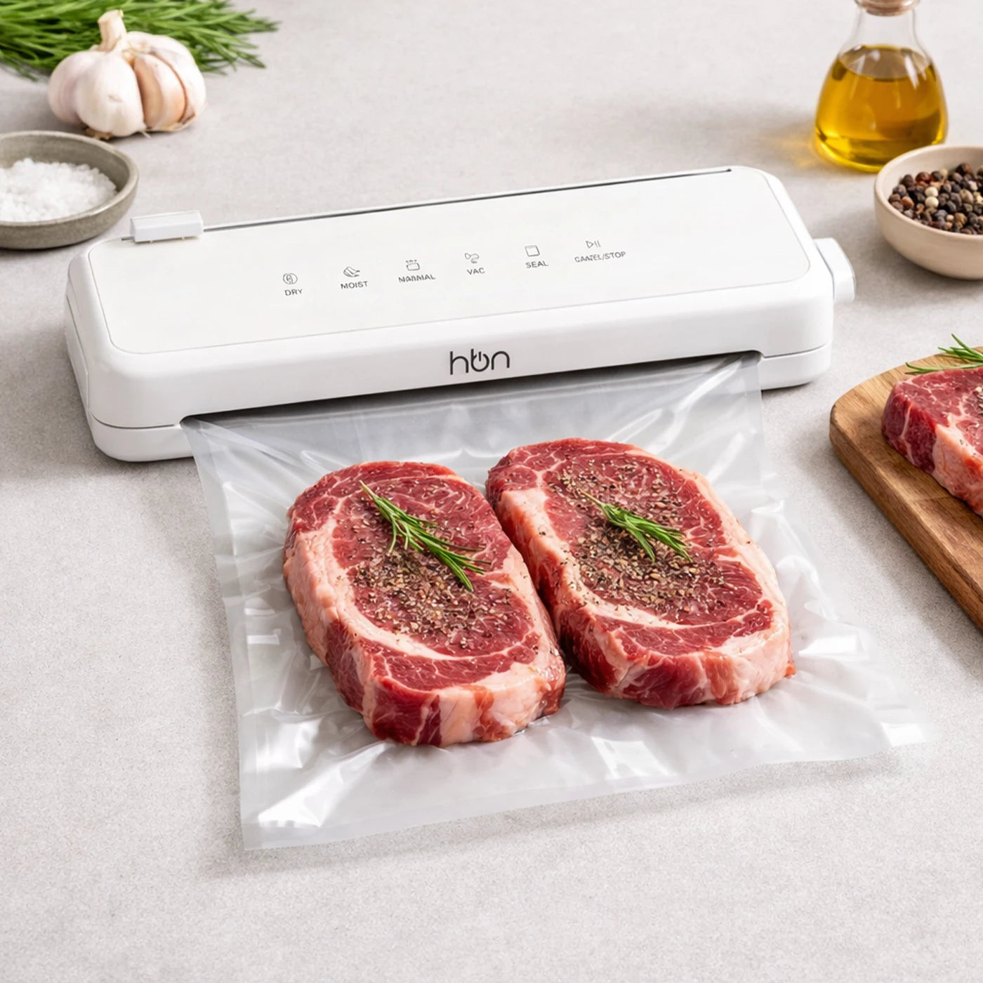 vacuum sealer sealing raw meat for long term food storage